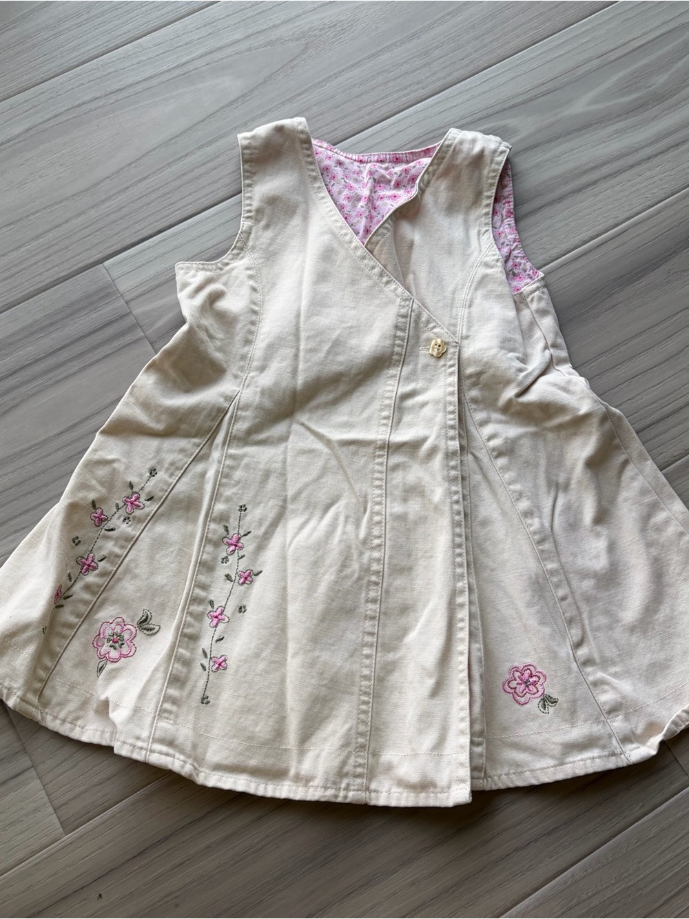Y2K Faded Glory Cream Dress with Pink Floral Embroidery